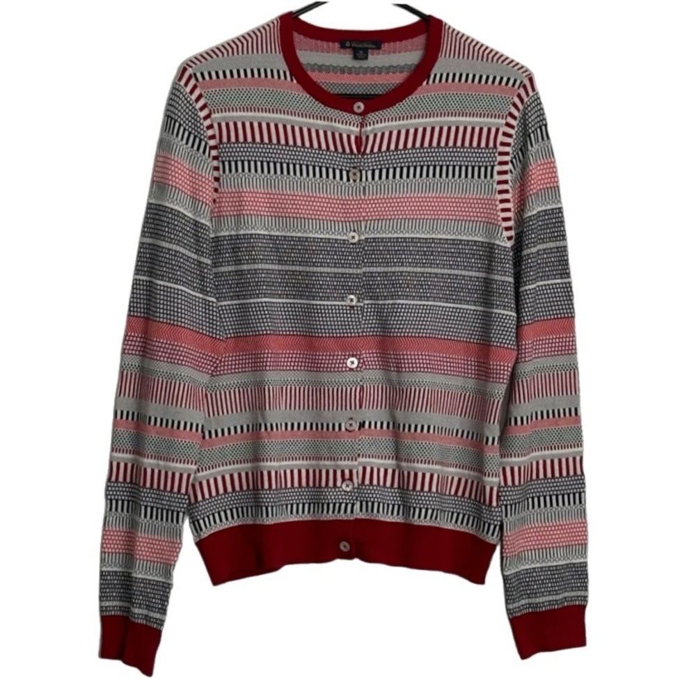 Brooks Brothers Red White and Black Stripe Classic Cotton Knit Cardigan size XL